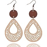 Vintage Hollow Out Geometric Wooden Leather Earrings for Women Lightweight Ethnic Teardrop Dangle Earrings Boho Statement Jewelry