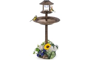 PETSITE Solar Bird Bath, Pedestal Bird Bath with Bird Feeder, Flower Planter Base, and Solar Powered Lamp, Standing Birdbath 