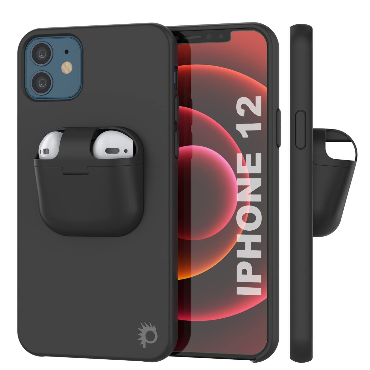 PunkCase for iPhone 12 Airpods Case Holder (CenterPods Series) | Slim & Durable 2 in 1 Cover Designed for iPhone 12 (6.1") | Protects Your Phone & Stores Your AirPods Gen. 1 & 2 [Black]