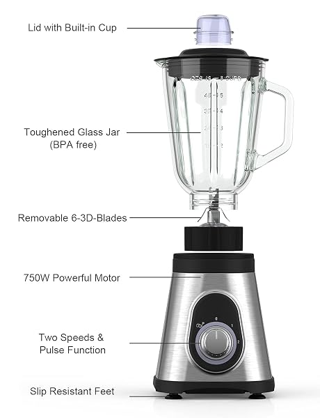 HORETT SMOOTHIE BLENDER FOR KITCHEN, 750W COUNTERTOP WITH 48OZ GLASS PITCHER, 6 STAINLESS STEEL BLADES, 2 SPEEDS & PULSE FUNCTION SMOOTHIE, SHAKES, ICE CRUSHING AND FROZEN FRUITS