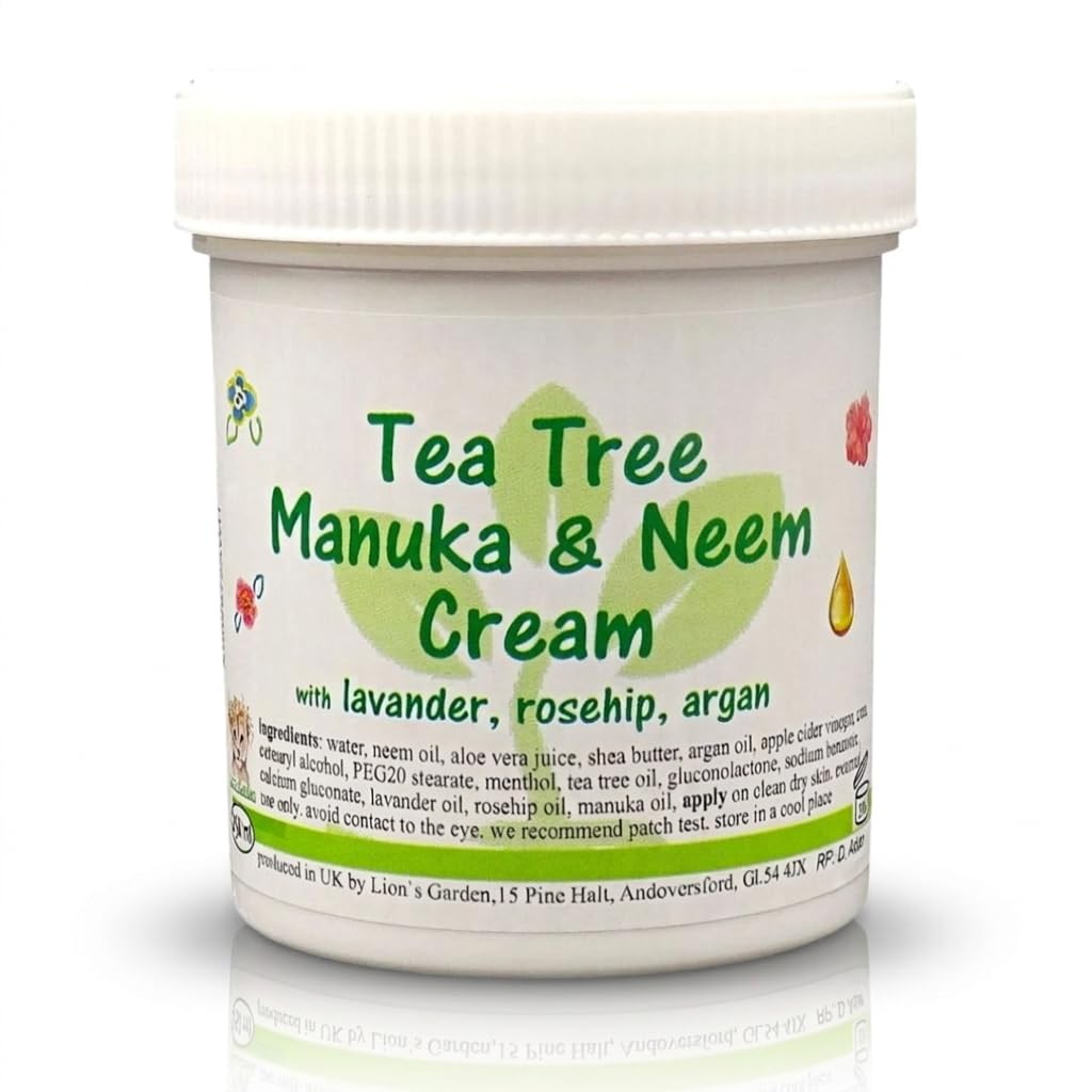 Tea Tree Manuka and Neem Cream 250ml IMPROVED FORMULA- Antibacterial, Anti-fungal, Antiseptic with Lavender Oil, Rosehip Oil, Argan Oil, Almond oil, Shea Butter & Menthol