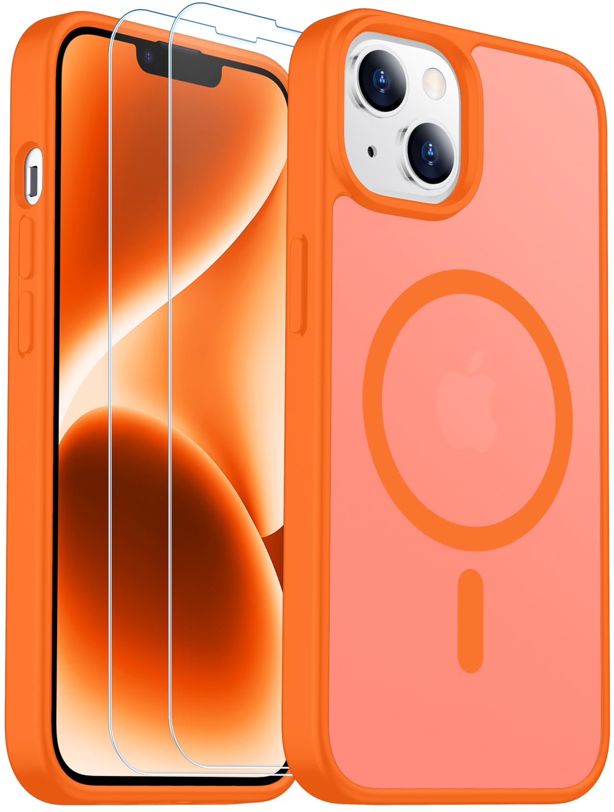 SPIDERCASE Designed for iPhone 13/14 Case, Magnetic Translucent with 2PCS Tempered Glass Screen Protector Anti-Fingerprint Phone Case for iPhone 13/14 6.1'',Orange
