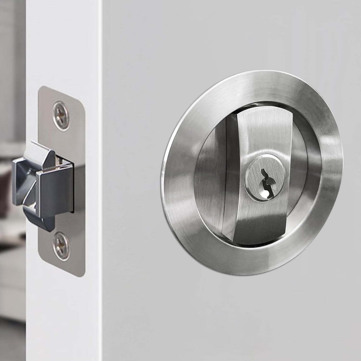 SANGRENSHEN Sliding Door Lock Pocket Door Flush Handles Latch Privacy Bed/Bath Latch for 3cm to 5cm Thickness Door 3 Keys Silver — image 1
