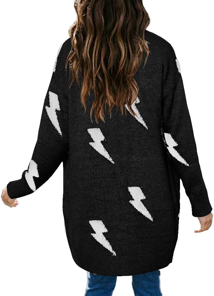Womens Oversized Lightning Bolt Cardigan Sweaters Casual Open Long