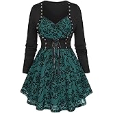 Rosegal Womens Plus Size Flocking Floral Mesh Panel Lace Up Grommet 2 in 1 Long Sleeves Top