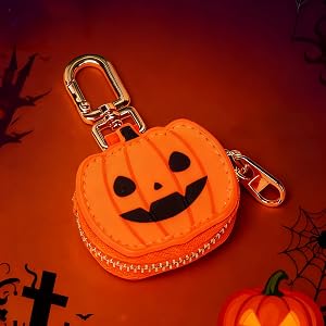 Halloween Pumpkin Mini Coin Purse, Portable Coin Bag& Gold Keychain, Cute Leather Charms Pouch Bag Gift for Women Girls
