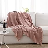 Simple&Opulence Cotton Muslin Throw Blanket for Bed, Couch, Knit Woven Gauze Blanket with Tassels, Soft Lightweight Cozy Pre-Washed Breathable Farmhouse Decoration for All-Season (Dusty Rose)