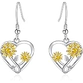 Silver Sunflower Heart Earrings for Women - 925 Sterling Silver Opal Sunflowers/Daisy Heart Dangle Hoop Earring, Valentines Mothers Day Christmas Gifts Jewelry for Her