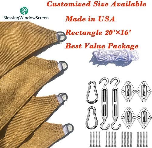 Blessing Window Screen Rectangle 20' X 16' Sun Shade Sail with Stainless Steel Hardware Kit, UV Block Fabric Patio Shade Sail. Great Value Package (20' X 16')