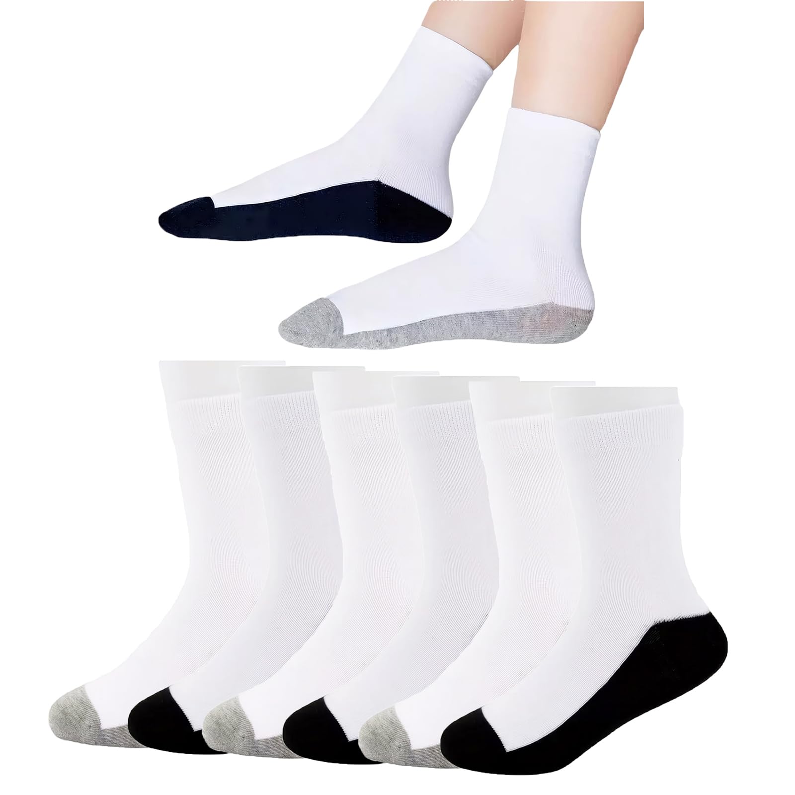 Photo 1 of Boys Crew Socks 6 Pairs Uniform Seamless Toe School Cotton Rich Cushioned for Daily Comfort No Bunching White Multi Pack