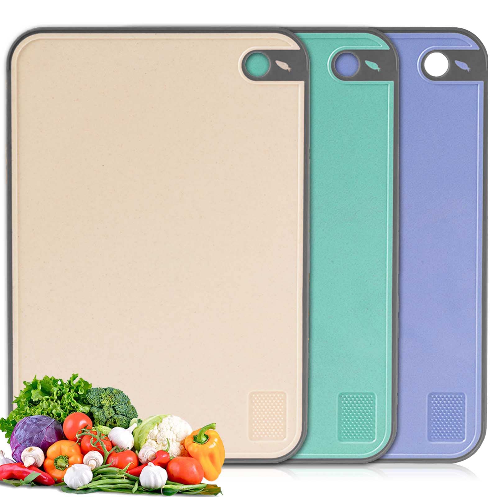 IAGORYUE Chopping Board Set, BPA Free Plastic Cutting Boards, Large Chopping Boards with Non-Slip Rubber Feet and Garlic Press Groove for Kitchen Carving Meat/Vegetable, Durable & Easy to Clean, 3 Pcs