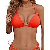 Zuvebamyo Women's Triangle Bikini Top Ribbed Push up Padded Halter String Bathing Suits Top