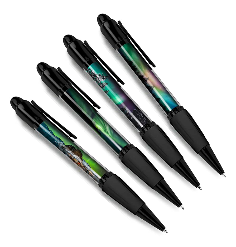 Set of 4 Northern Lights Black Ballpoint Pens - Aurora Borealis Mountains Iceland Travel Friends Boys Girls Men Women Theme Pen #79361