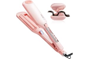 NOVUS Beach Waves Curling Iron, Ionic 2 Barrel Hair Crimper Wand for Women, Ceramic Anti-Scald Waver with Adjustable Heat, 1.1 Inch Pink, Easy to Use for Long-Lasting Shiny Curls