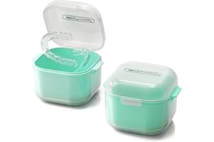 HyJeryty Green Denture Cup Denture Case, Retainer Cleaner Case, Pretty Night Mouth Guard Holder Box, Storage Soak Container with Drain Basket for Home Travel Cleaning