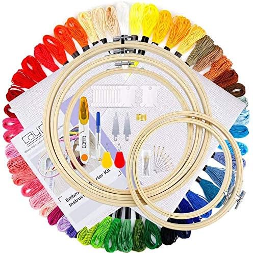 DEFWAY Embroidery Starter Kits for Adults - Cross Stitch Kits for Beginners, with 5 Pcs Bamboo Embroidery Hoops, 50 Colors Embroidery Threads, 2 Pcs 11 Count Classic Reserve Aida Cloth and Tool Kit