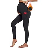 Ewedoos Fleece Lined Maternity Leggings with Pockets Shirred Sides Warm Pregnancy Leggings Over The Belly Thermal Yoga Pants