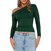 Tankaneo Womens One Off Shoulder Tops 2025 Long Sleeve Going Out Shirts Boat Neck Ribbed Slim Fit Blouse