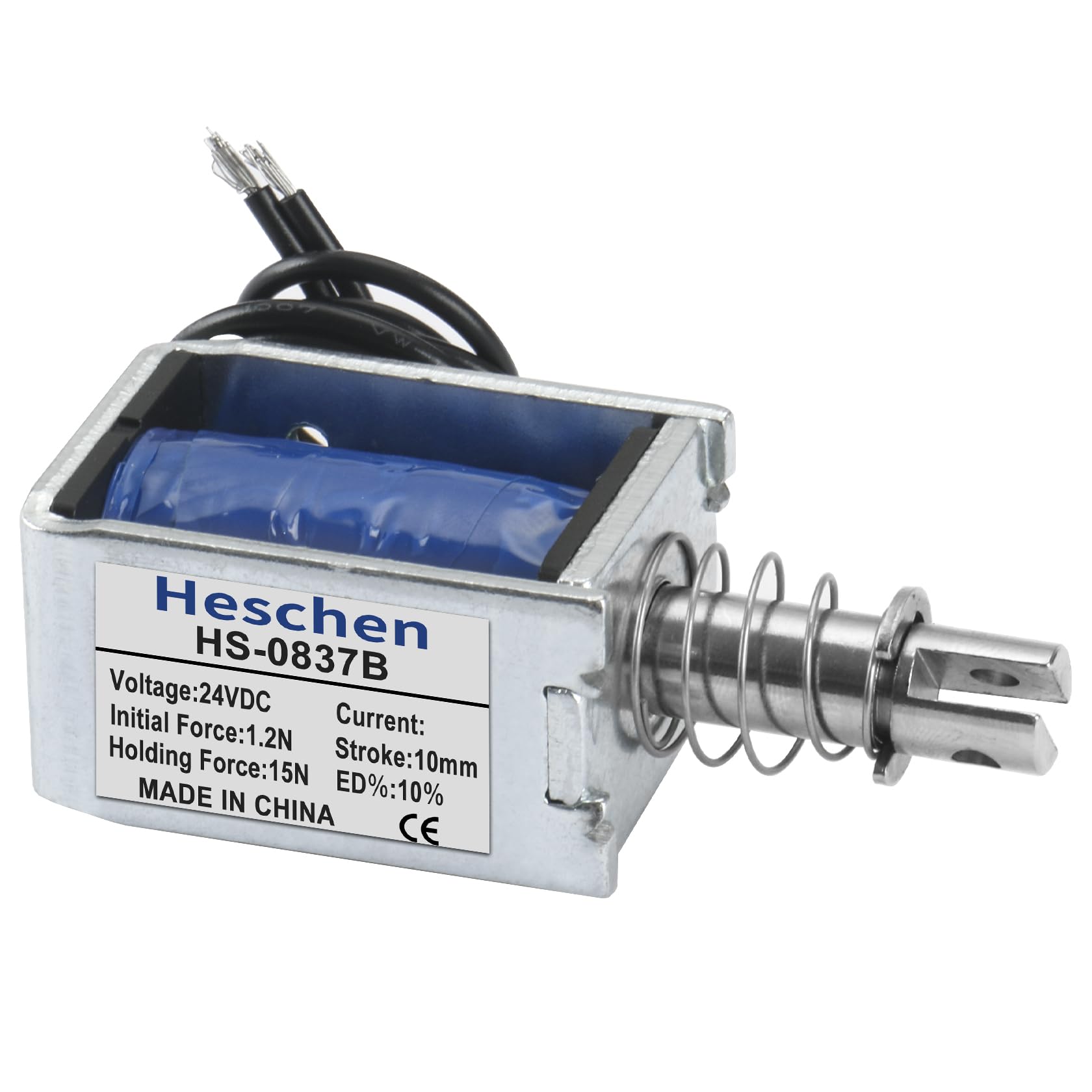 Hechen Solenoid Electromagnet, HS-0837B, DC24V15N, 10mm Stroke, Push Pull Type Open Frame