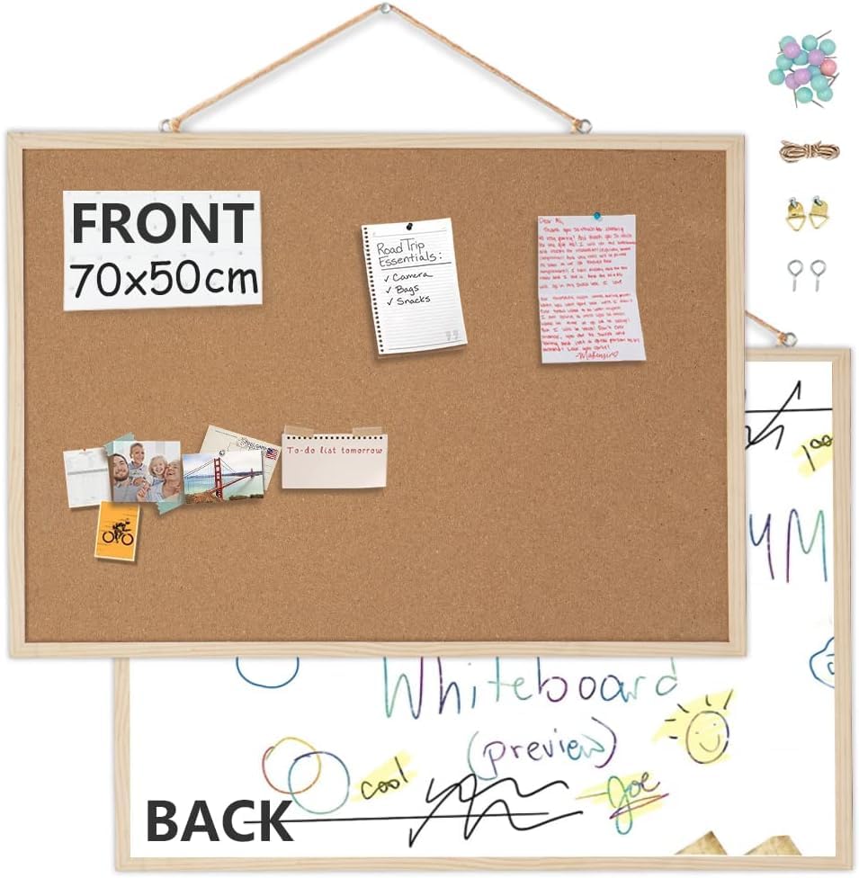 EasyVibe Cork Board White Board Combo Double Sides 1 Pack, 70 x 50cm Cork Boards for Walls with Wood Frame, Pin Board Front & Dry Erase Board Back, Tack Board for Home, Office, School