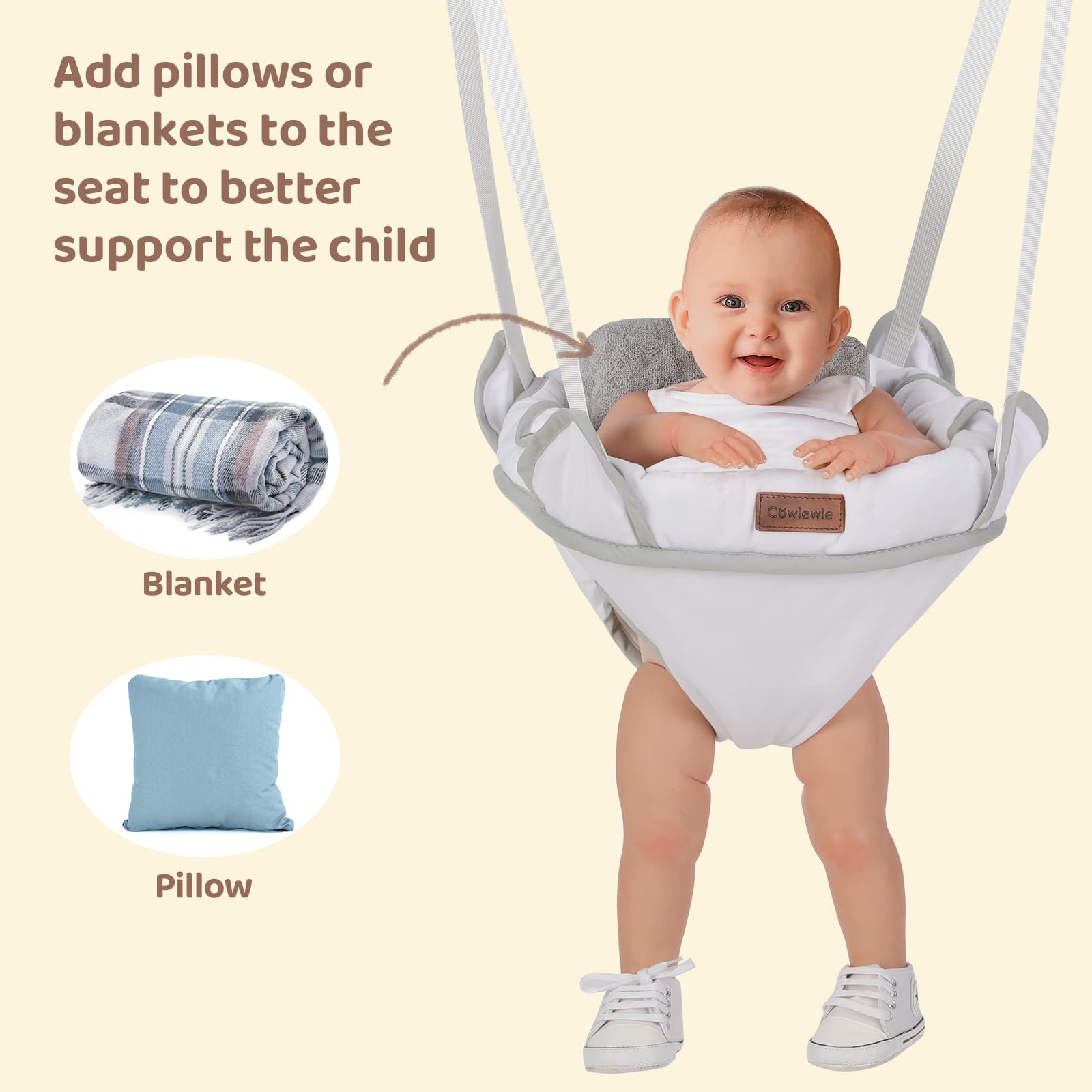 Cowiewie Door Jumper for Baby with Adjustable Seat and Strap, Fun Activity for 6-12 Months Baby Infant, Ultra Soft Flannel, White