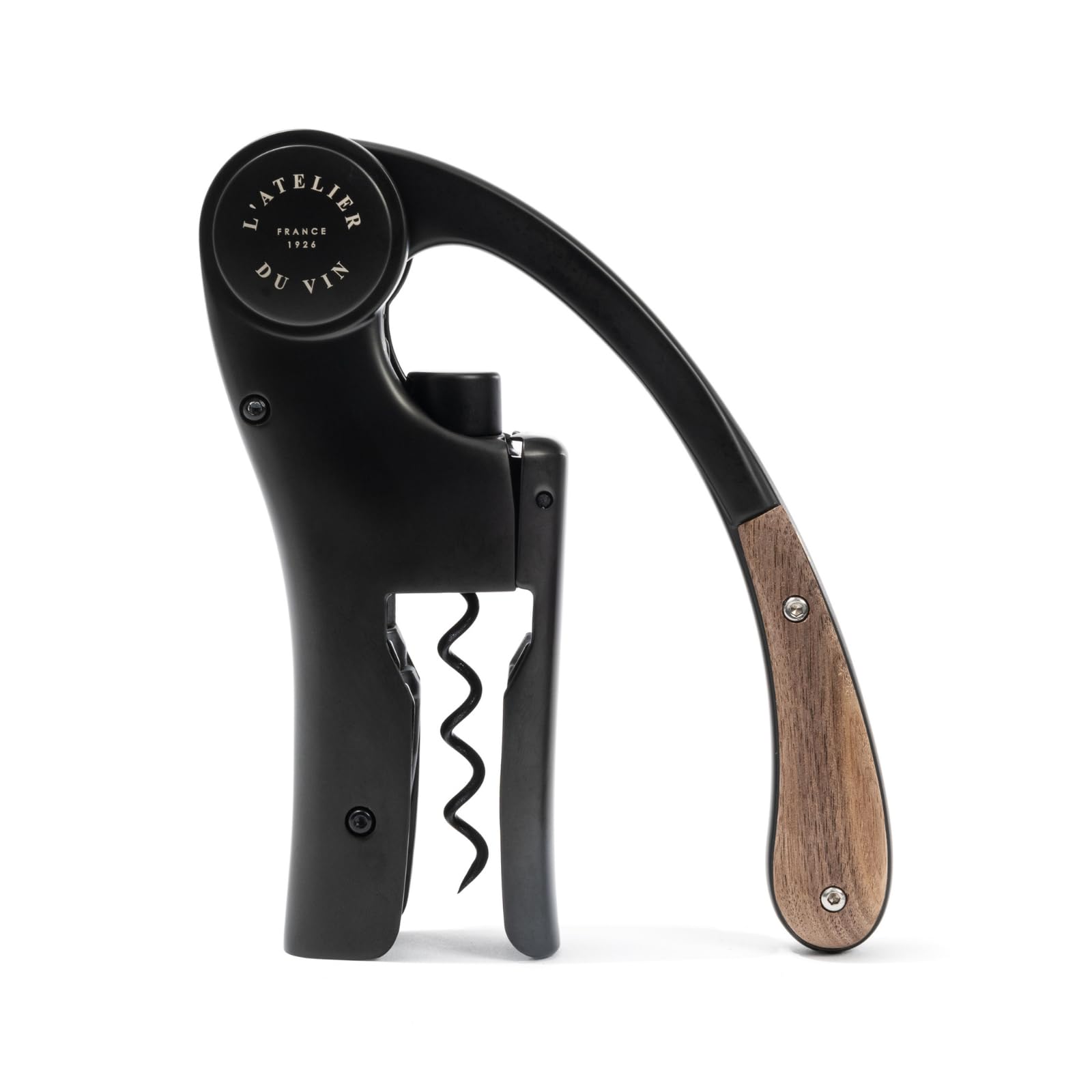 L’ATELIER DU VIN – Oeno Motion Black&Wood – Vertical Lever Corkscrew - Fast and Compact - Matte Metal & Solid Walnut - Black Color