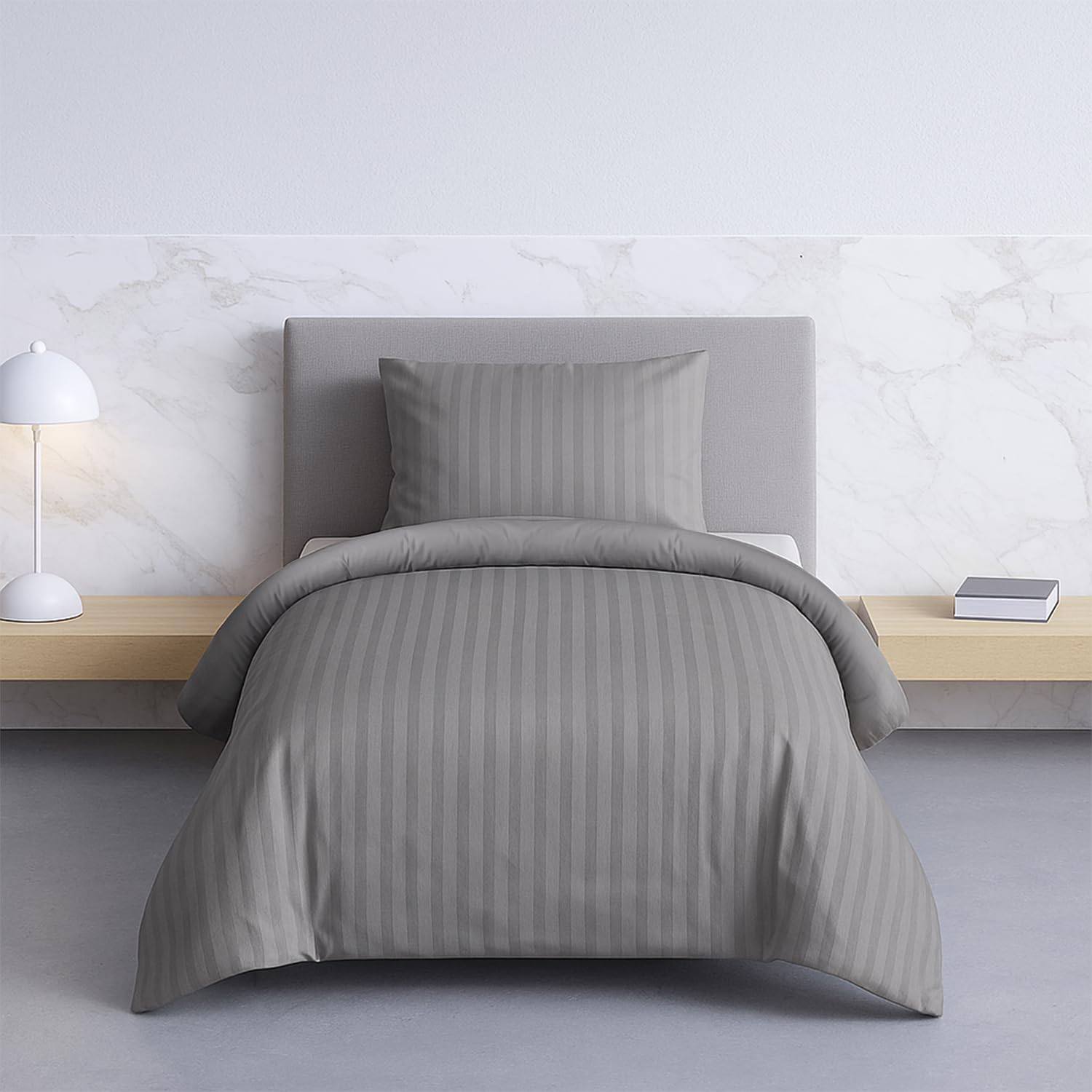 Sleepdown Soft Hotel Quality 225 THREAD COUNT POLYCOTTON Satin Stripe Duvet Cover Set With Pillowcases in Grey Colour(Single)