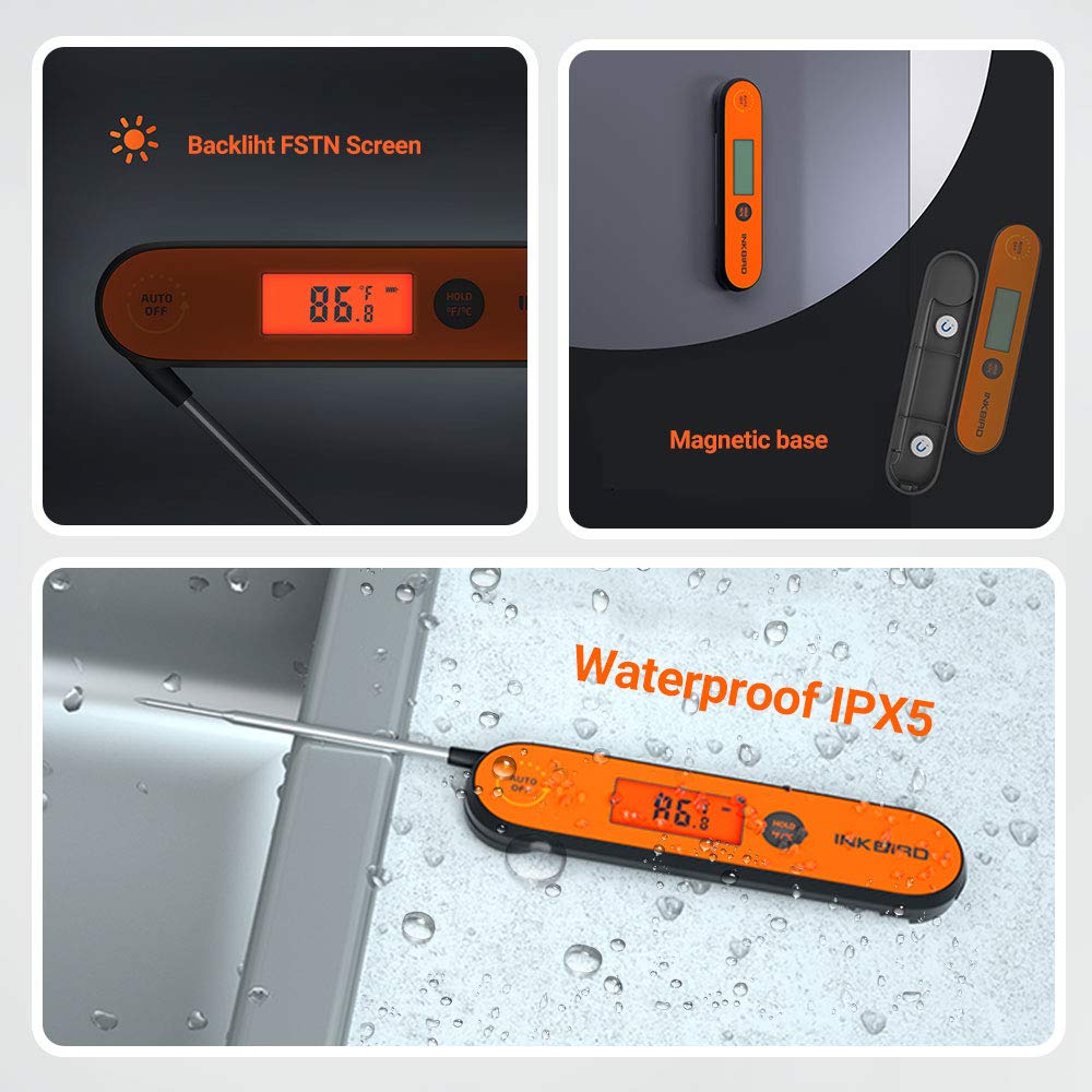 Inkbird Waterproof Instant Read Thermometer IHT-1P, Rechargeable Battery, Digital BBQ Meat Thermometer, Cooking Food Thermometer, Calibration, Magnet, Backlight for Grill,Smoker, Kitchen, Oven, Candy: Industrial & Scientific