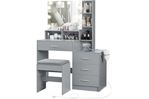 usikey Large Vanity Table Set with Lighted Mirror & Charging Station, Makeup Vanity Dressing Table with 4 Storage Shelves and 4 Drawers, Vanity Desk with 3-Drawer Chest and Cushioned Stool, Grey