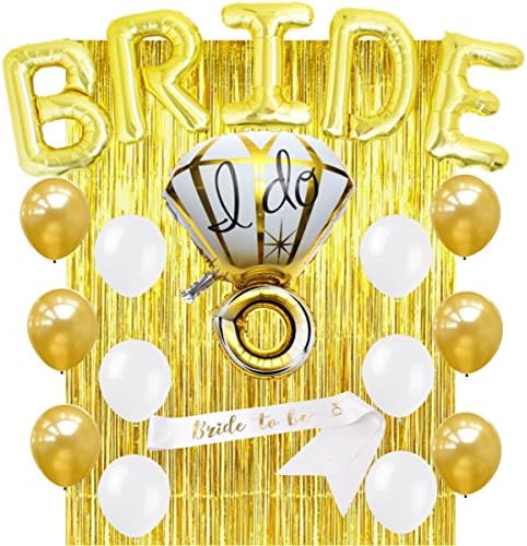 Bachelorette Party Decorations Kit - Bridal Shower Decorations Kit – Set Includes: 1 Mylar Ring Balloon - 5 Letter Balloons - Foil Fringe Curtain - 1 BRIDE TO BE Sash - 12 Latex Balloons