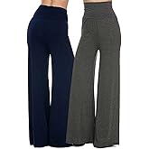 Superline Wide Leg High Fold Over Waist Palazzo Pants (Medium, 2 Pack: Navy & Charcoal)