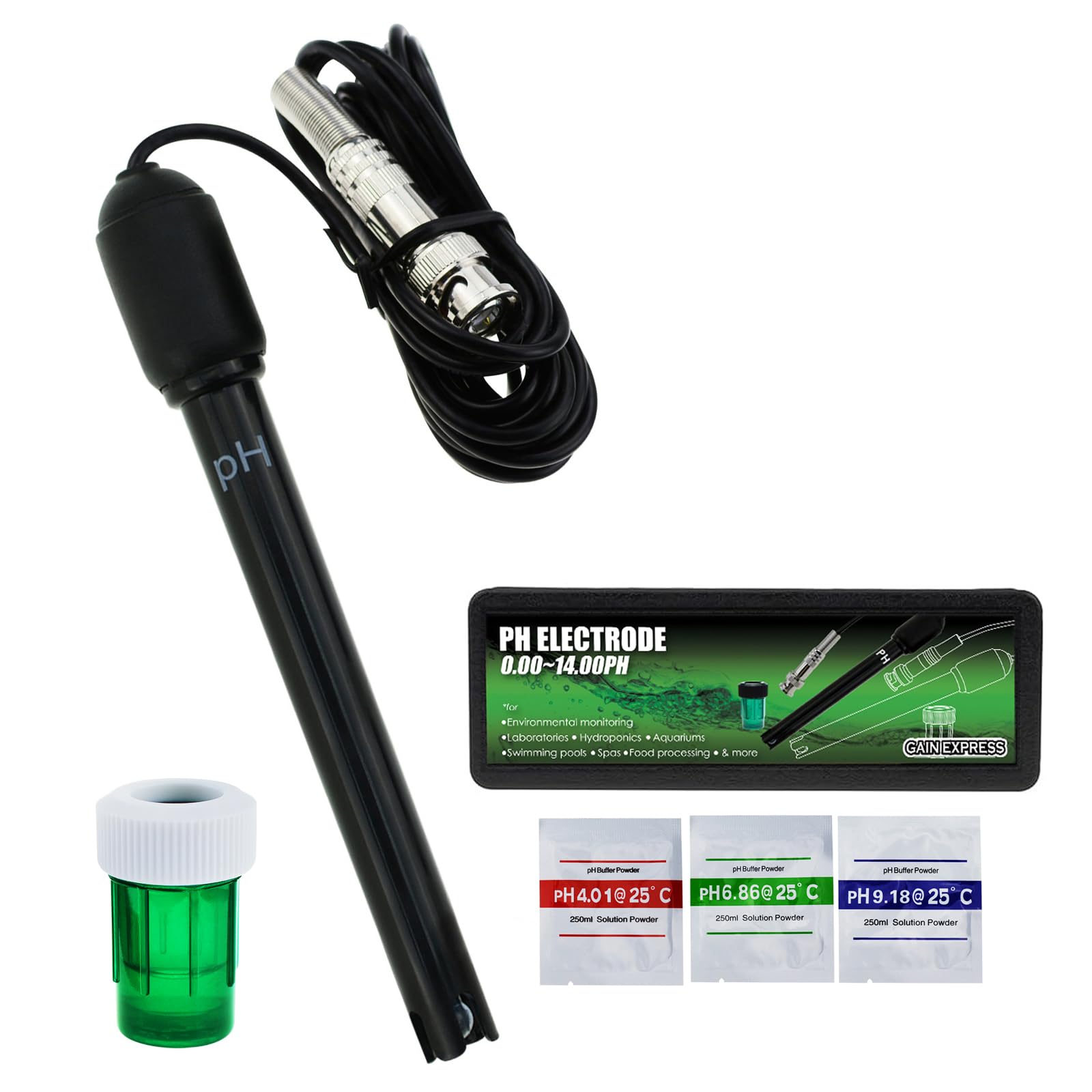 0-14 pH Electrode Probe BNC Connector, 300cm Cable for PH Meter Monitor Controller Test Sensor, Replacement Kit for Aquarium Hydroponics Plant Pool Spa (300cm Long Cable)