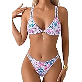 Tainehs Women's Two Piece Bikini Sets Sexy V Neck Swimwear Floral Triangle Swimsuit Cutout Low Rise Bathing Suit