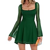Aisbei Women's Sexy Square Neck Bell Sleeve Ruched A Line Mini Dress Mesh Party Club Short Dress