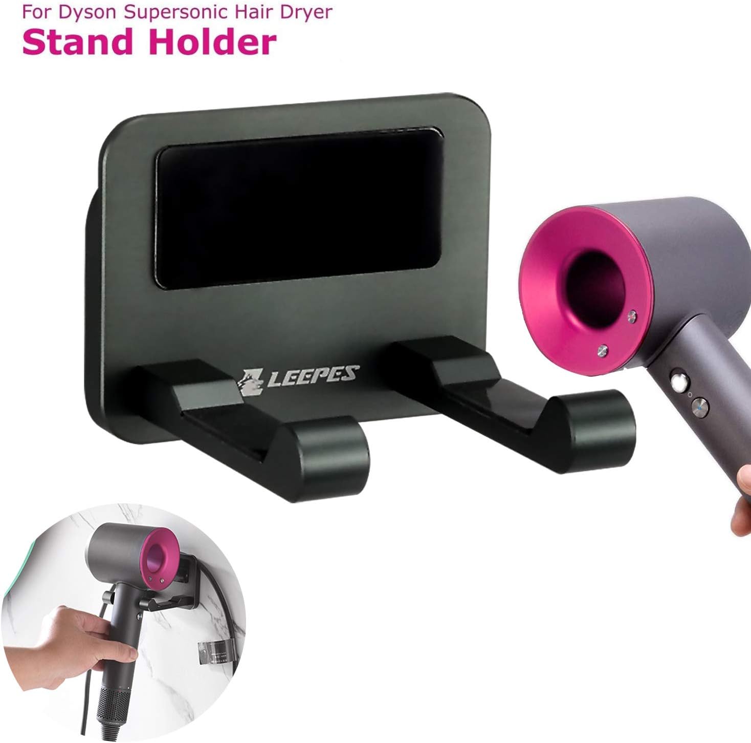 LEEPES Wall Mount Holder for Dyson Supersonic Hair Dryer, Aluminum Alloy,No Drilling (only 1 bracket,accessory storage not included)