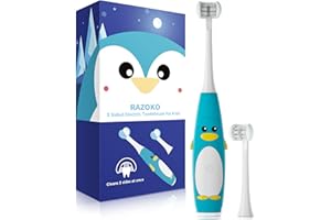 RAZOKO Kids Electric Toothbrush 3 Sided Toothbrush,Sonic Toddler Toothbrush with 2 Brush Heads, Intelligent Timer 5 Gears Adjustment,Ipx7 Waterproof,USB Cable
