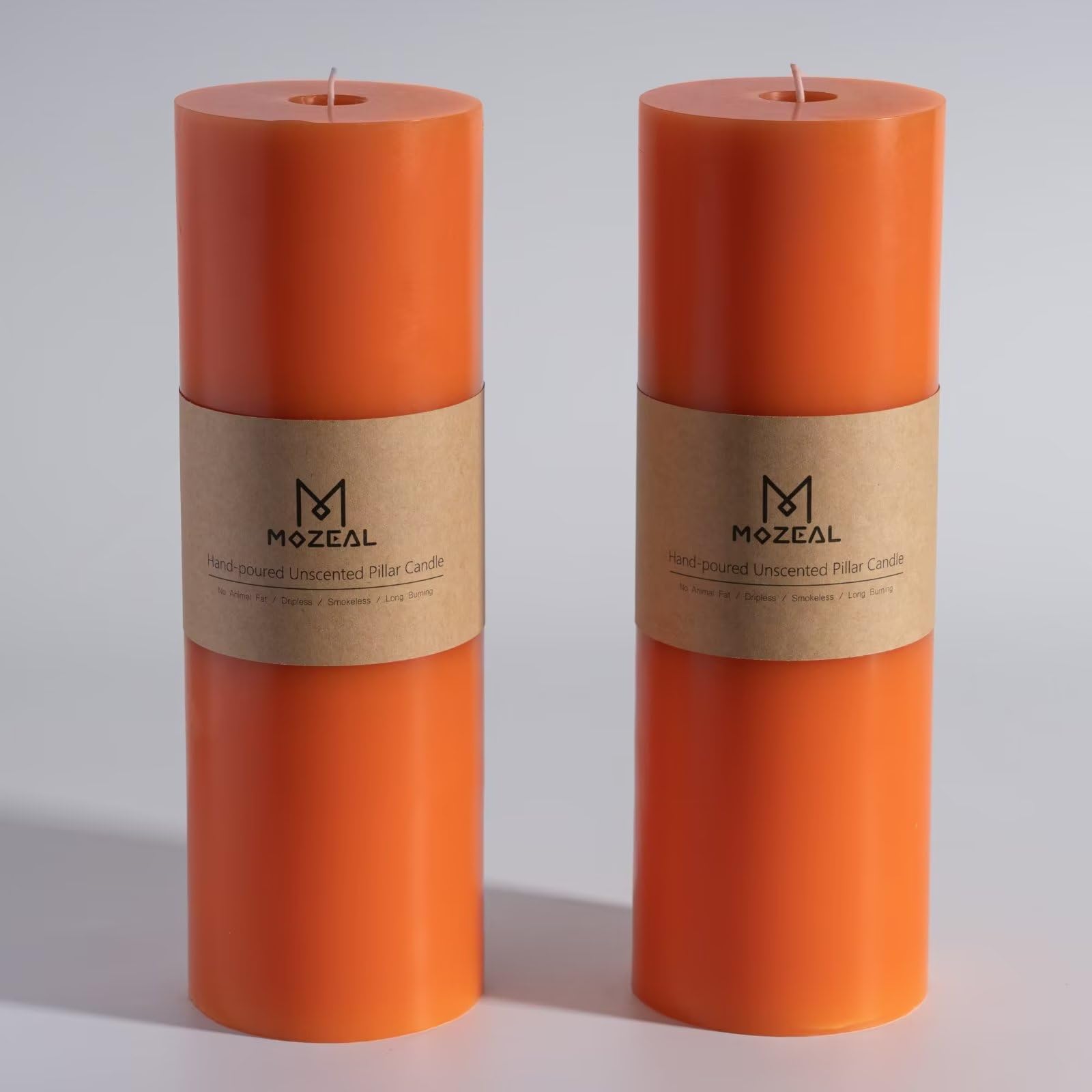 MOZEAL 4" x 12" Extra-Large Orange Pillar Candles (Set of 2), Unscented,Dripless, Smokeless,Long Clean-Burning,These Tall 12 inch Large Orange Pillar Candles Perfect for Halloween and Fall Decor Image