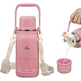 Insulated Water Bottle with Handle and Strap,Vacuum Travel Tumbler with Cup Lid,Thermo Coffee Cup for Hot Cold Drinks 27 OZ,Pink