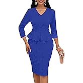 Runwind Peplum Dress for Women V Neck 3/4 Sleeve Wear to Work Church Dresses Elegant Knit Pencil Dresses Royal Blue 2XL