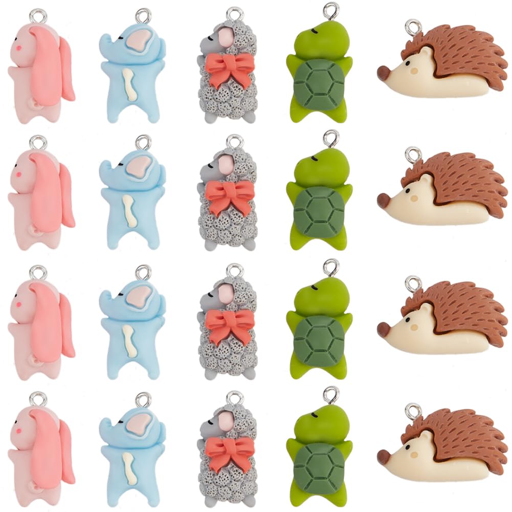 SUNNYCLUE 1 Box 40Pcs Cute Animal Resin Charms Rabbit Charms Rabbit Elephant Hedgehog Turtle Paddy Pink Gray Blue Charms for jewellery Making Charms Supplies DIY Craft Necklace Crafting Beginners Adul
