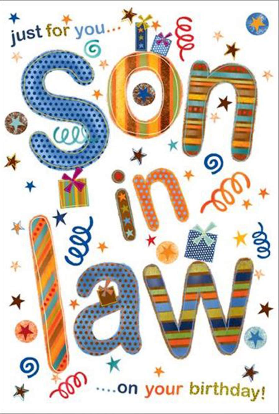 Nigel Quiney Male Birthday Card From Son-in-Law - Birthday Celebration, Streamers and Presents - Sophisticated Foil Finish - Greeting Card For Him (NQ-HR104)