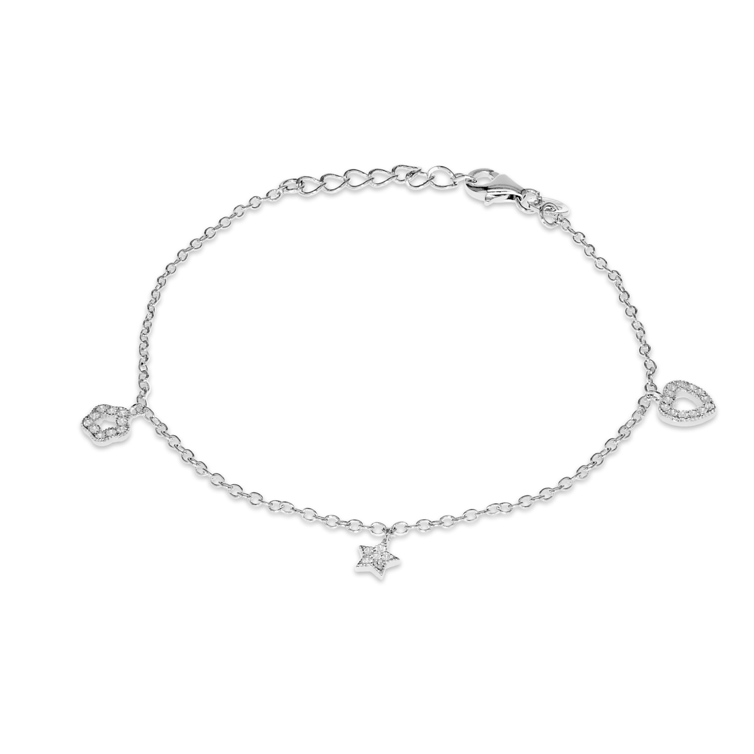 Tuscany Silver Women's Sterling Silver Rhodium Plated Pave Set Cubic Zirconia 3 Charm Bracelet of 15.25cm/6"