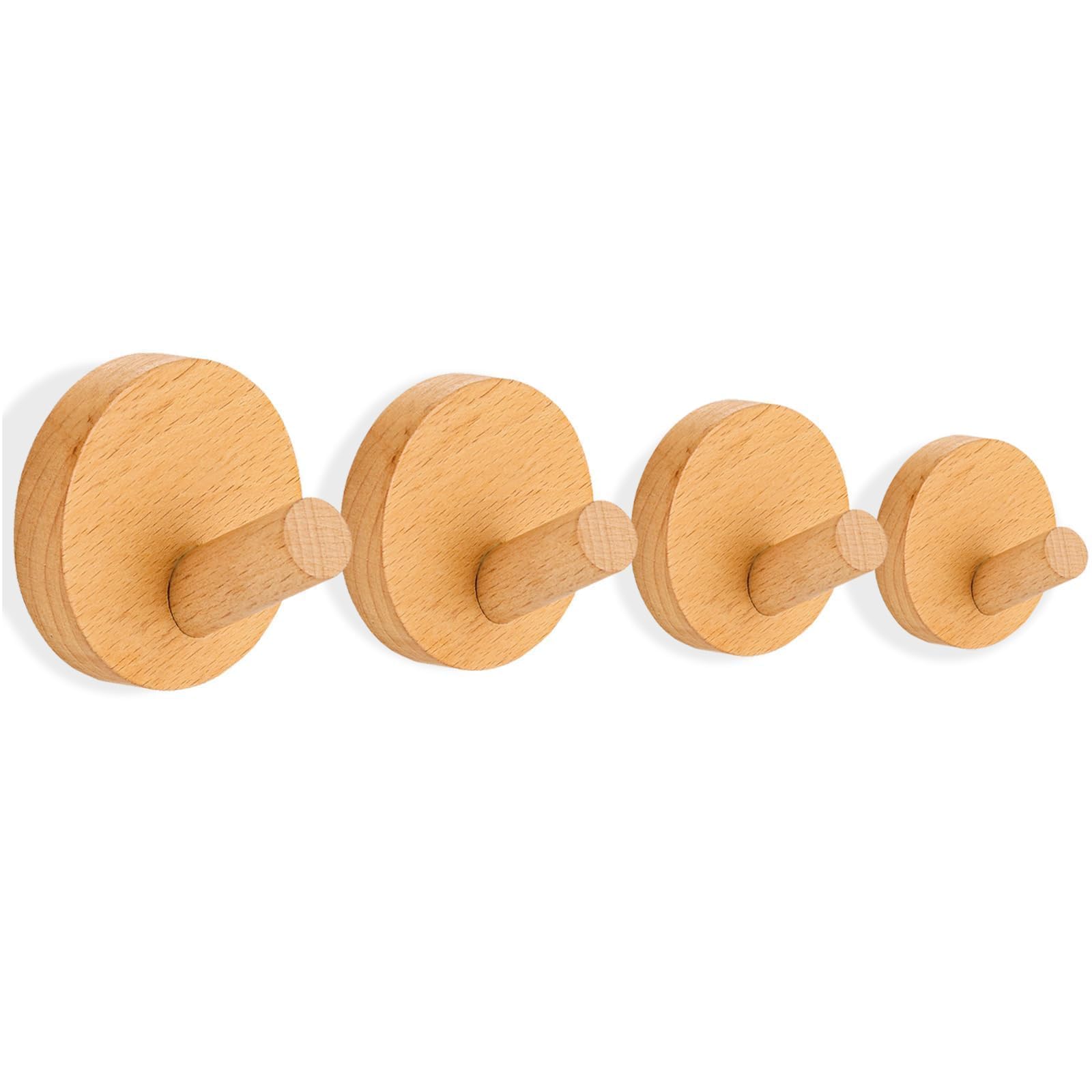 Ryvera 4 Pcs Wooden Coat Hooks, Wooden Hooks For Hanging, Wall Hooks, Suitable For Shower Cabins Bathrooms Bathrooms Kitchen Wall Tiles,3M Hooks Wooden Touch, Strong Load Carrying Capacity（Beech Wood）