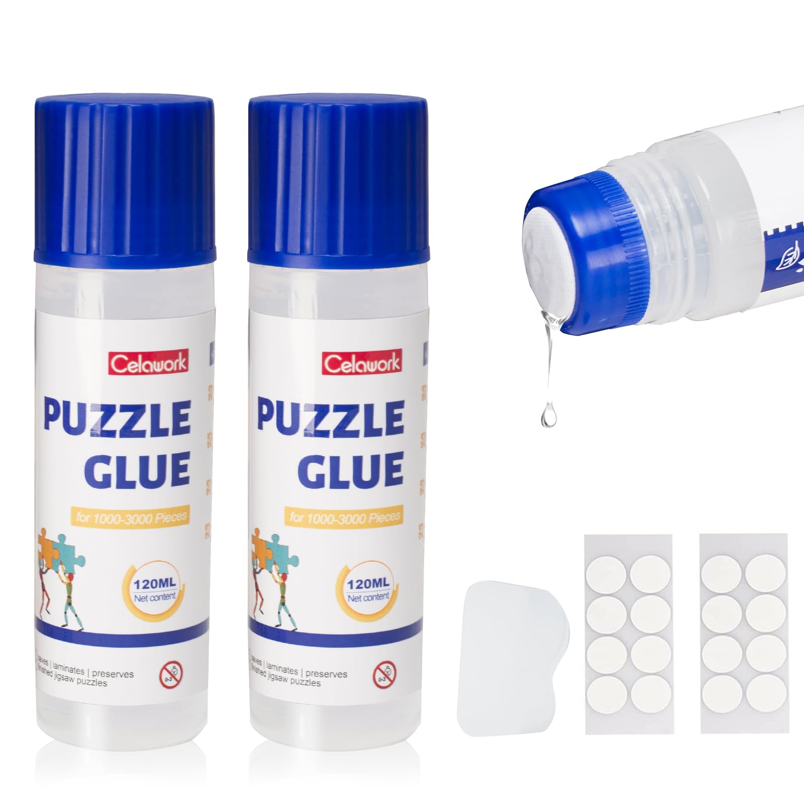 Celawork Puzzle Glue for 3000-6000 Pieces Puzzles, Non-Toxic PVA Transparent Puzzle Glue, Quick Drying, with Dot glue, Practical Accessory for Hanging Puzzles (120 ML×2)