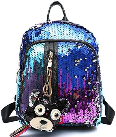 Stylish Sparkly Sequins PU Leather Backpack For Girl Women Multiple Zippers School Party Bag W/Glitter Ornament