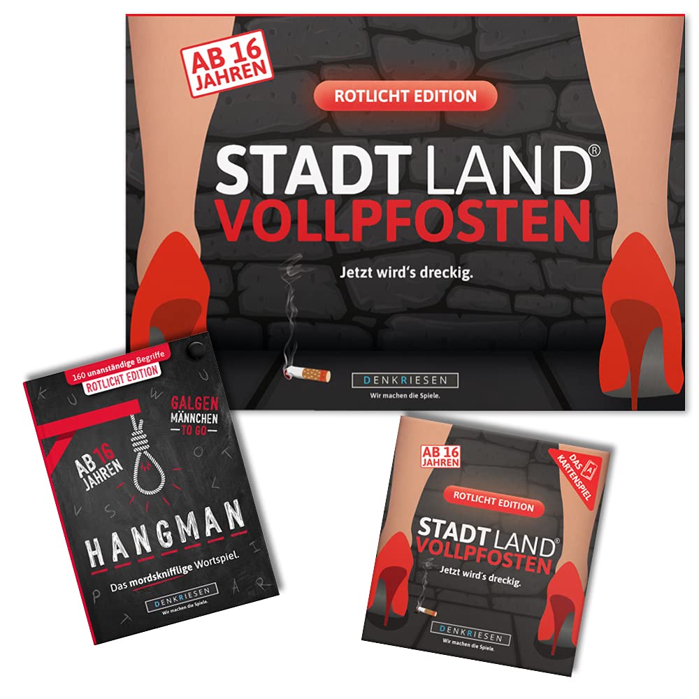 DENKRIESEN - Trio Red Light Edition - City Land Vollpfosten® - Game Pad + Card Game + Hangman Boom Man to Go