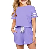 Haloumoning Girls Summer Crop Tops and Shorts Set Cute Color Block Two Piece Outfits Casual Sweat Tracksuit with Side Pockets