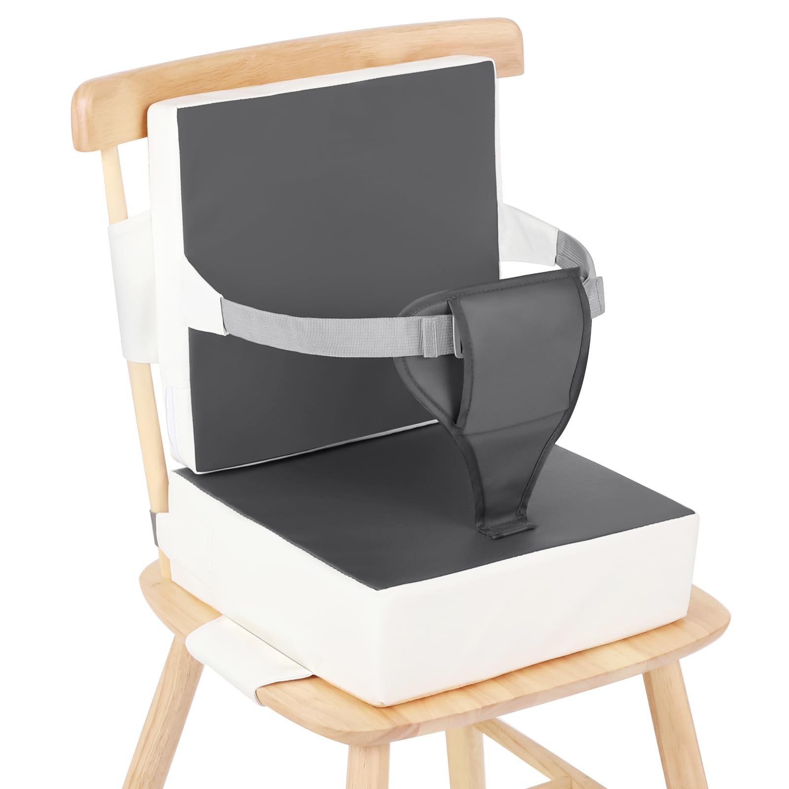 Toddler Booster Seat for Dining Table, PU Waterproof Booster Seat for Table with Backrest and Adjustable Seat Belts Non-Slip Bottom Portable Travel Home Increasing Cushion for Kids Child Baby(GY+WH)