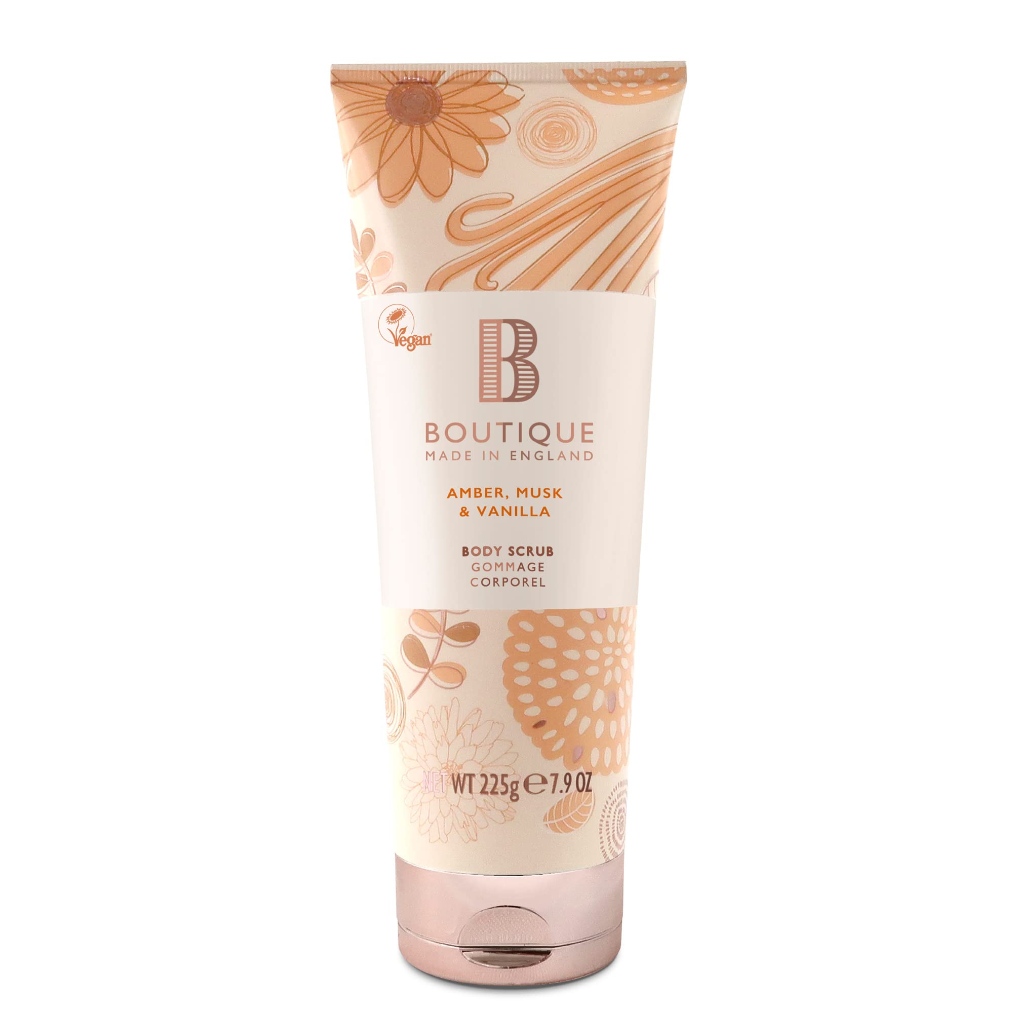 Boutique Amber, Musk & Vanilla Fragrance Body Scrub, 225ml Exfoliating Body Scrub, Refreshing - Essential Oils - Vegan and Cruelty Free, No SLS or Parabens - Made In England