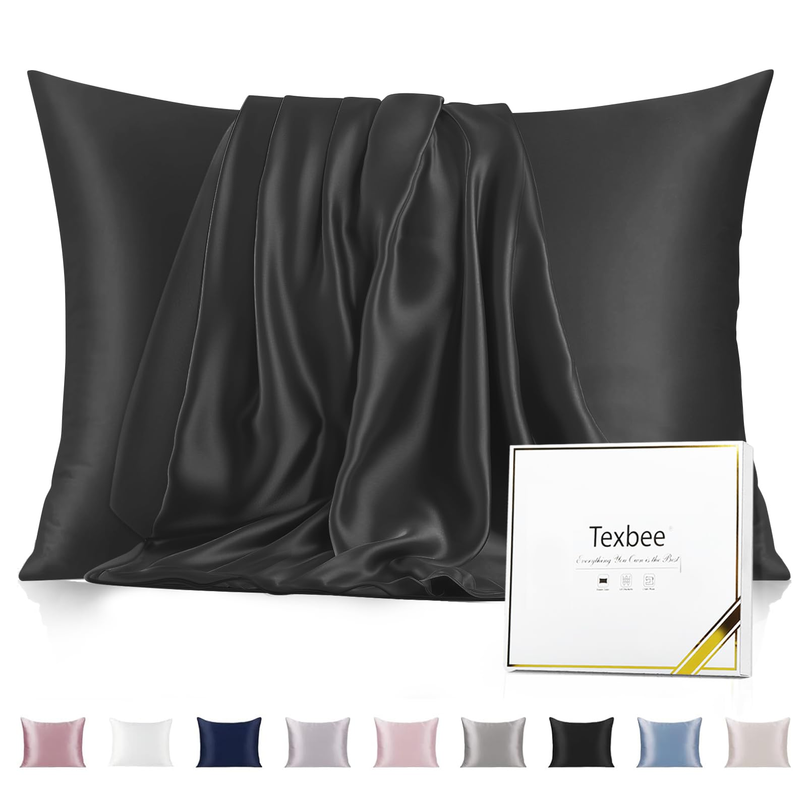 Texbee Silk Pillowcase, 22 Momme Mulberry Silk Pillowcases for Hair and Skin Health, Soft Smooth Breathable Cool Pure Pillow Case for Beauty Sleep, with Gift Box, 1pc (King 50x90 cm, Black)